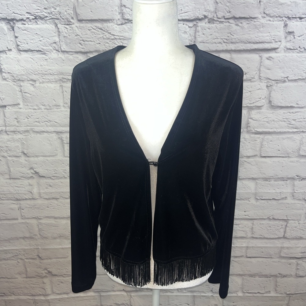 My Michelle Y2K Whimsigoth Black Velvet Fringe One Button Cardigan Large